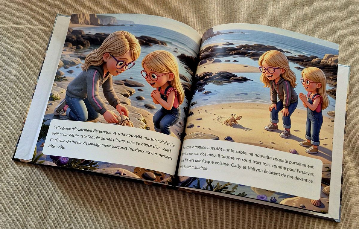 Le même livre ouvert sur une double page illustrée, avec le texte de l'histoire sous chaque image