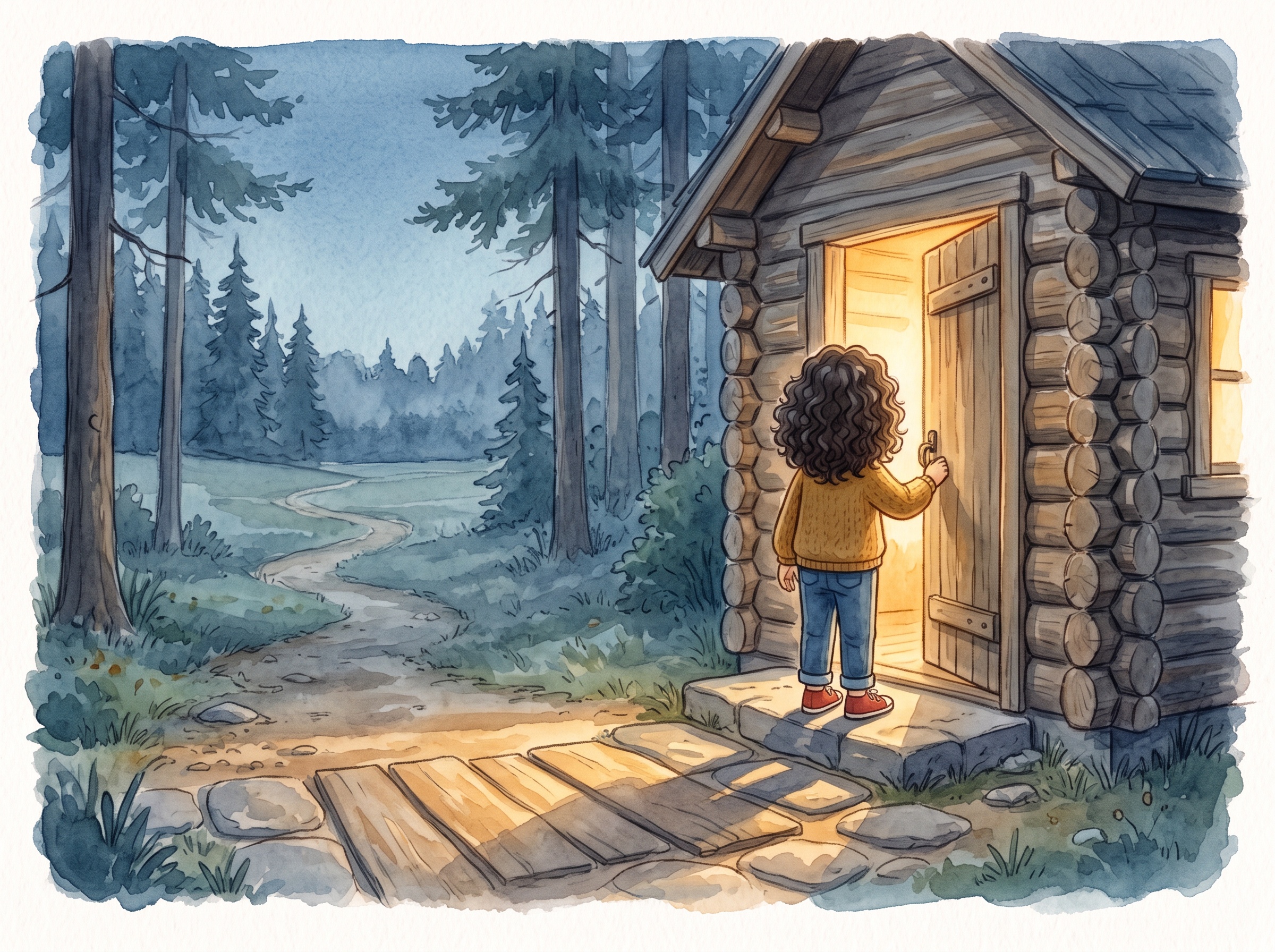 Une enfant de dos pousse la porte d'une cabane éclairée